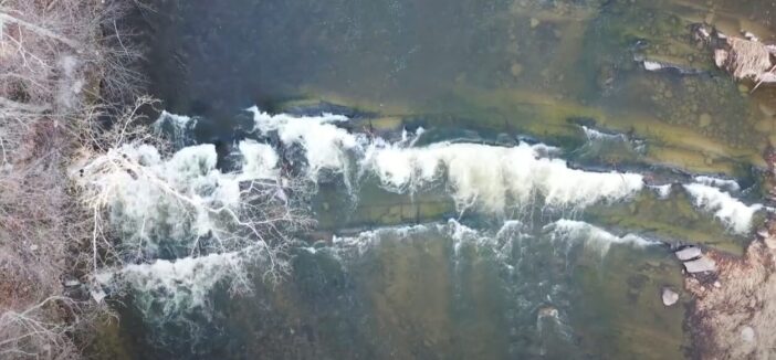 Hudson Valley River Camp drone view of waterfall